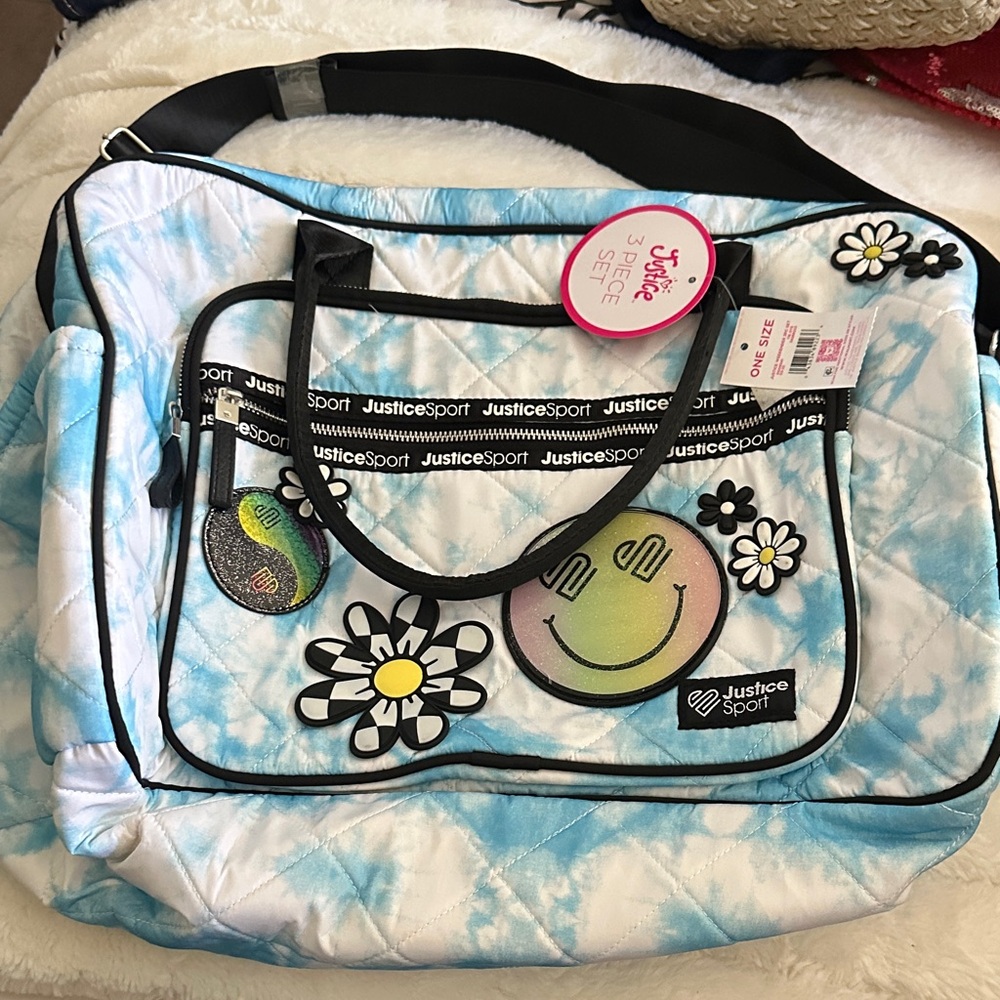 Justice Sport Blue and White Tie-Dye Duffke 3 piece Bag Set NWT